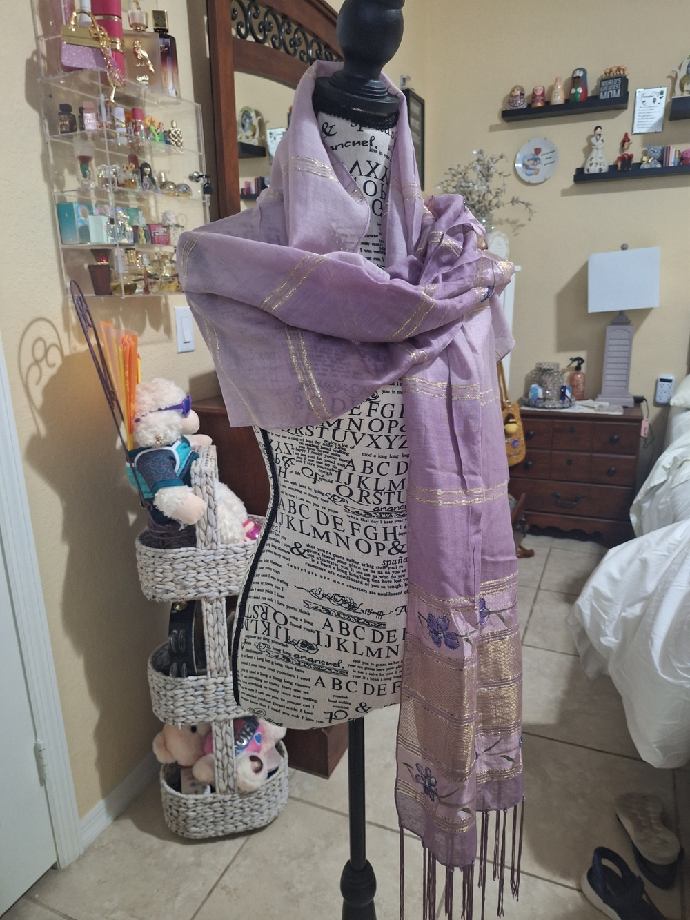 Lavender Embroidered Silk-Blend Scarf with Gold Accents